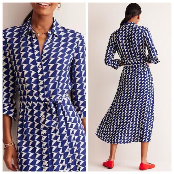 Boden Kate Midi Shirt Dress Womens Sz 4P Blue Birdie Long Sleeve Belted - Picture 2 of 13
